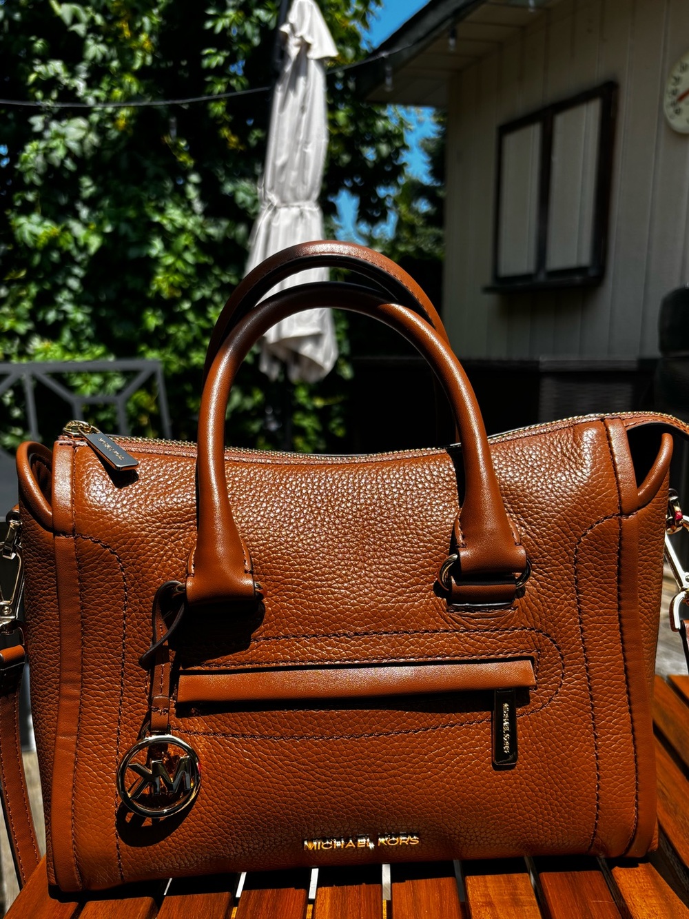 Michael Kors Cognac Pebbled Leather Satchel with Gold Hardware